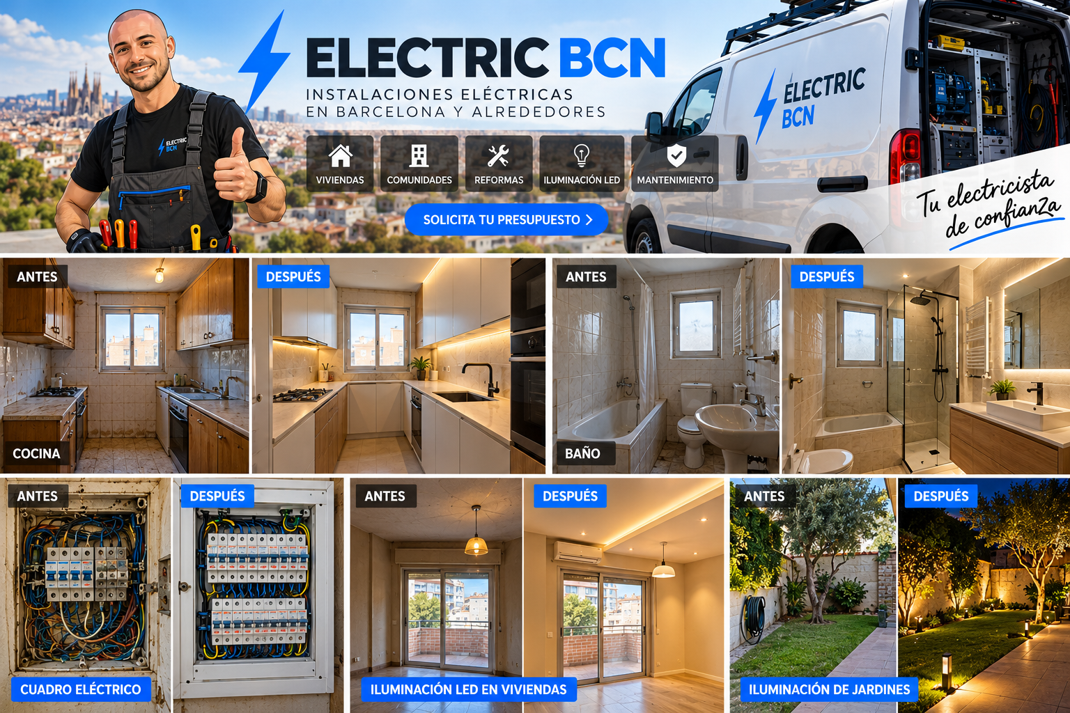 Galería visual de ElectricBCN con ejemplos de instalaciones, iluminación y comparativas de antes y después